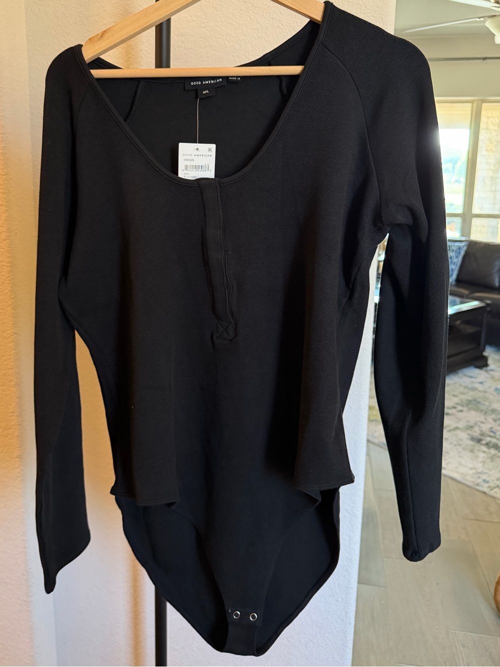 NWT Good American Feel Good Henley Black Ribbed Long Sleeve Snap Bodysuit 4XL